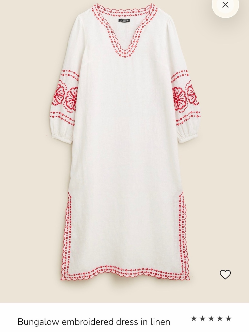 J. Crew White Linen Midi Dress with Red Embroidered Accents